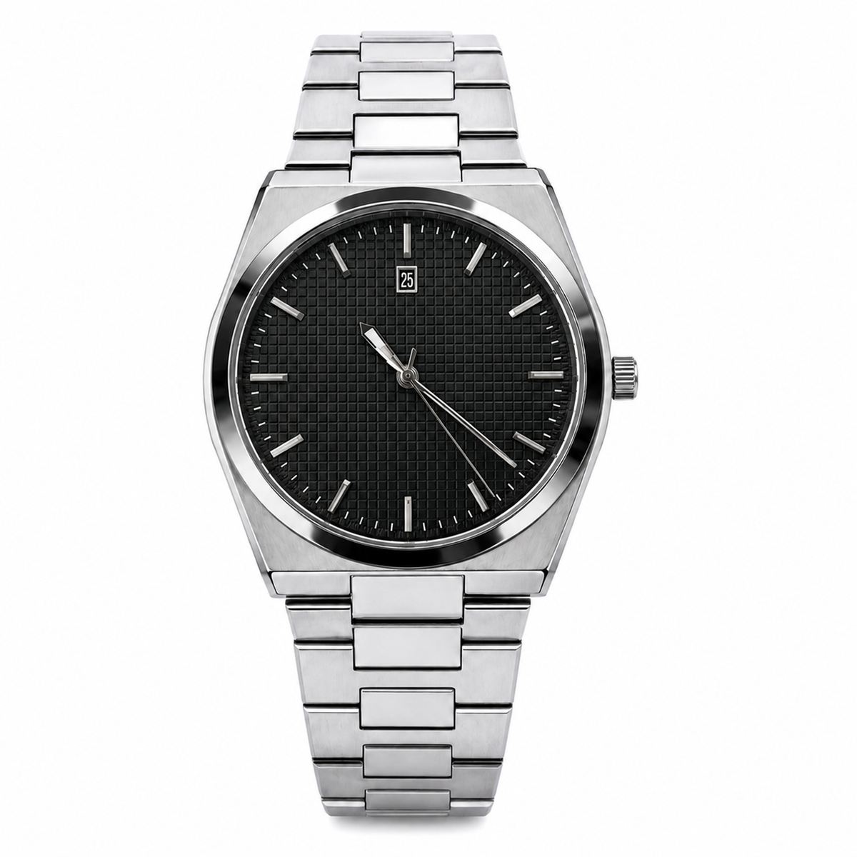 Premium Silver Stainless Steel Men's Watch – White Textured Dial Luxury Analog Wrist Watch