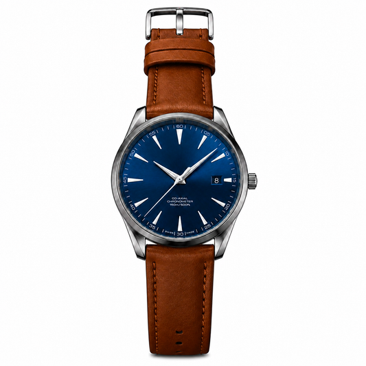 Premium Silver Men's Watch – Blue Sunburst Dial with Black Leather Strap Luxury Analog Wrist Watch