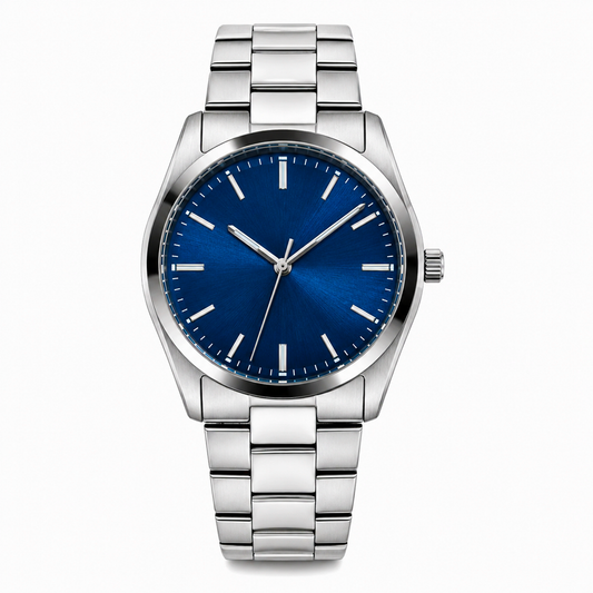Premium Silver Stainless Steel Men's Watch – Blue Sunburst Dial Luxury Analog Wrist Watch