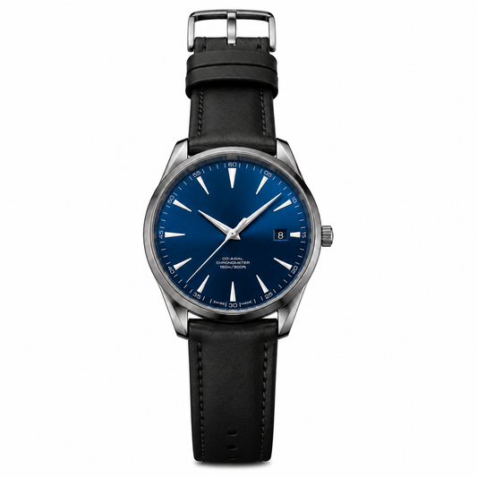 Premium Silver Men's Watch – Blue Sunburst Dial with Black Leather Strap Luxury Analog Wrist Watch