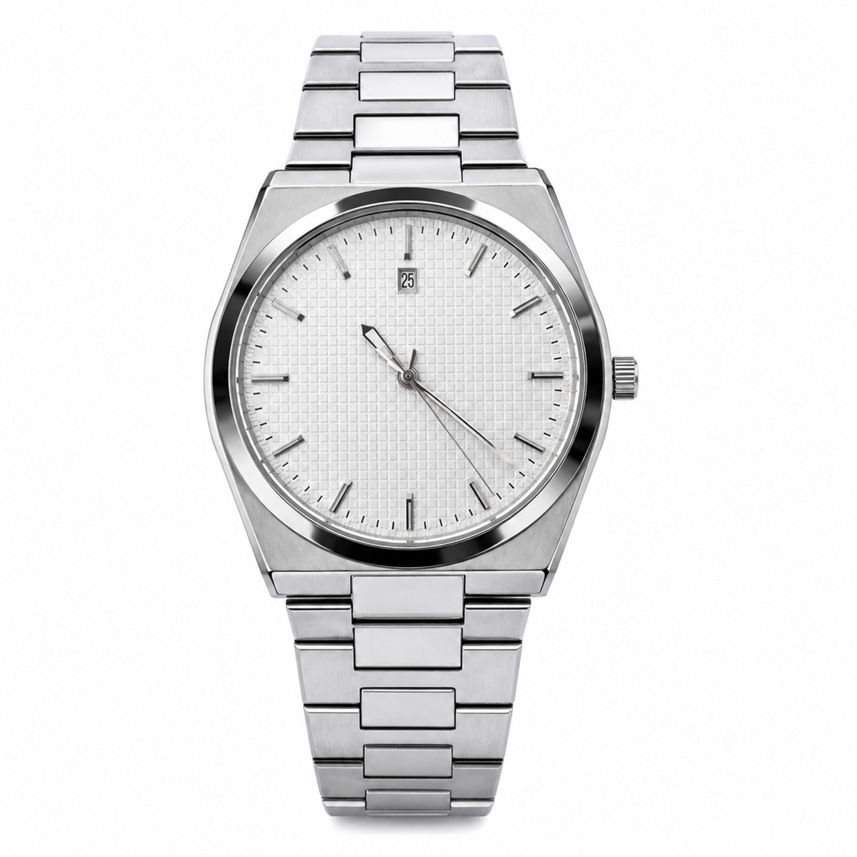 Premium Silver Stainless Steel Men's Watch – White Textured Dial Luxury Analog Wrist Watch