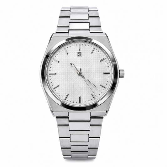 Premium Silver Stainless Steel Men's Watch – White Textured Dial Luxury Analog Wrist Watch