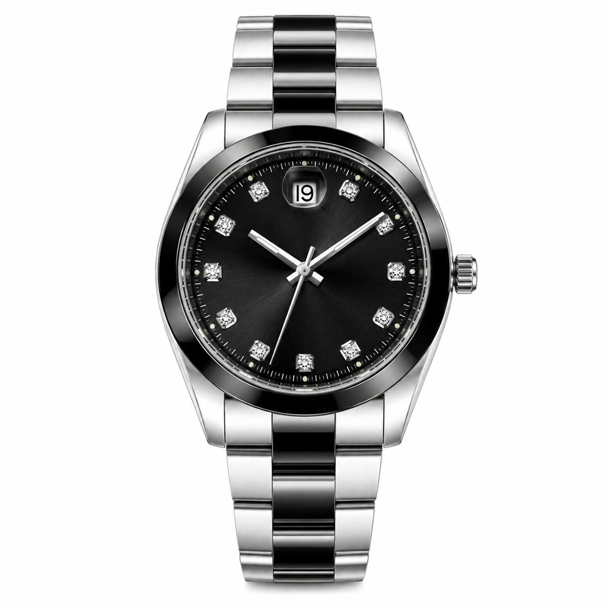 Premium Two-Tone Silver & Black Men's Watch – Black Dial Luxury Analog Wrist Watch with Date Display