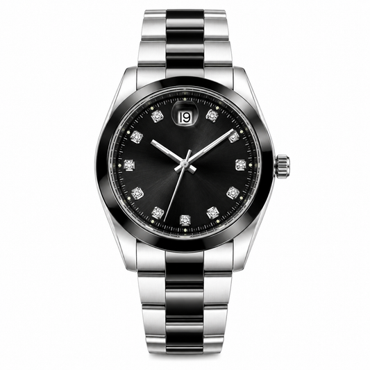Premium Two-Tone Silver & Black Men's Watch – Black Dial Luxury Analog Wrist Watch with Date Display